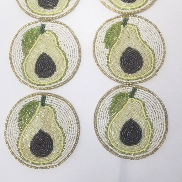 Coaster Set of 8 India Round 4.5" Seed Bead Beaded Pear Avocado Fruit Stackable - Picture 6 of 9